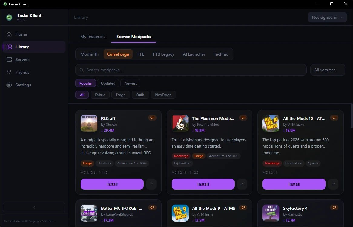 Browsing CurseForge modpacks in Ender Client — RLCraft, Pixelmon and All the Mods 10 with install buttons