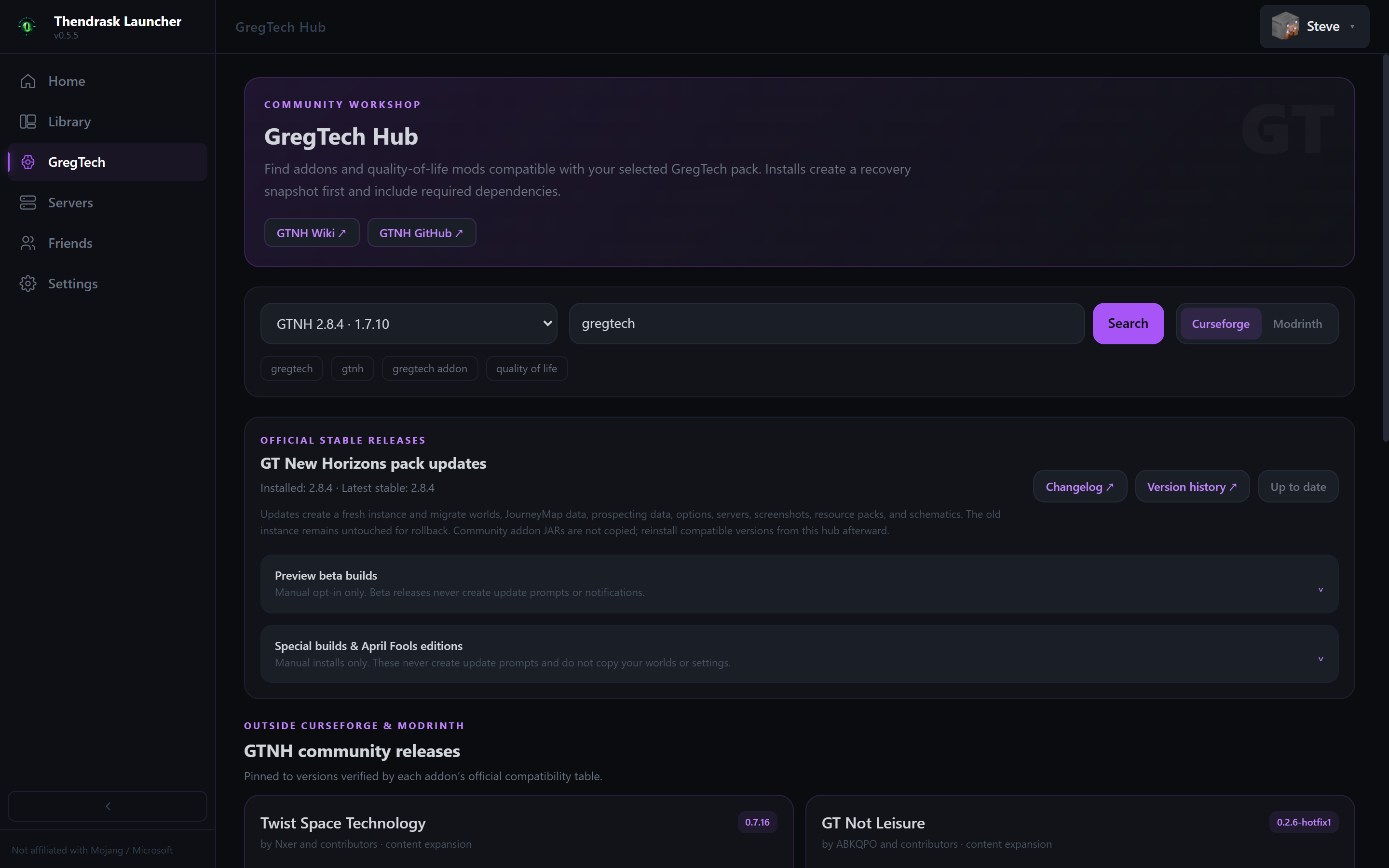 GregTech Hub with GT New Horizons pack updates, compatible mod search and official release controls