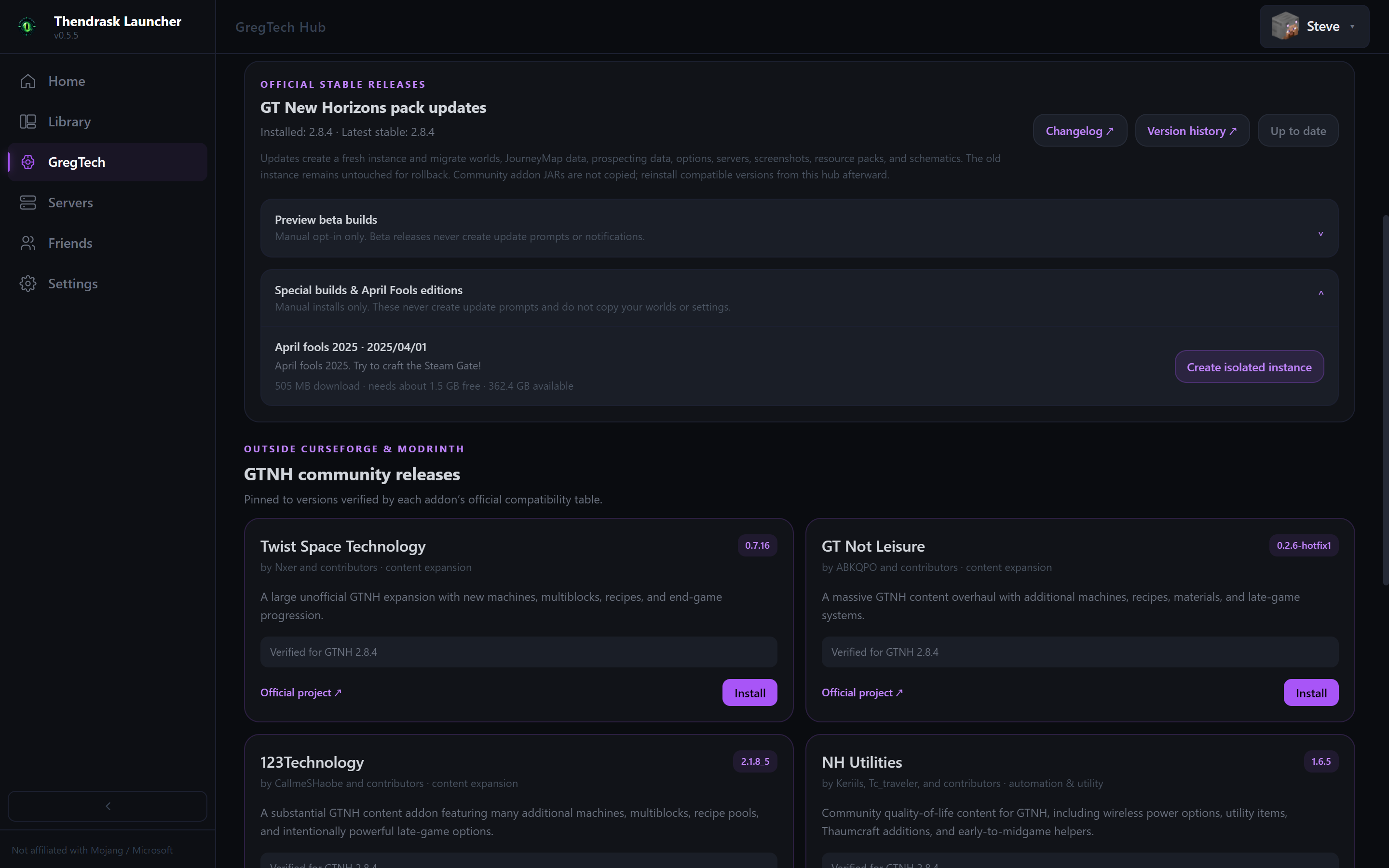 GregTech Hub showing stable GT New Horizons updates, beta previews, special builds and verified community releases