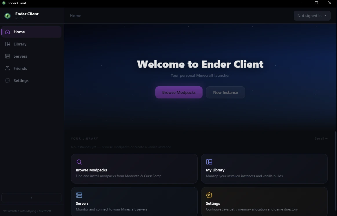 Ender Client home screen — Welcome to Ender Client, with Browse Modpacks and New Instance buttons and a library grid