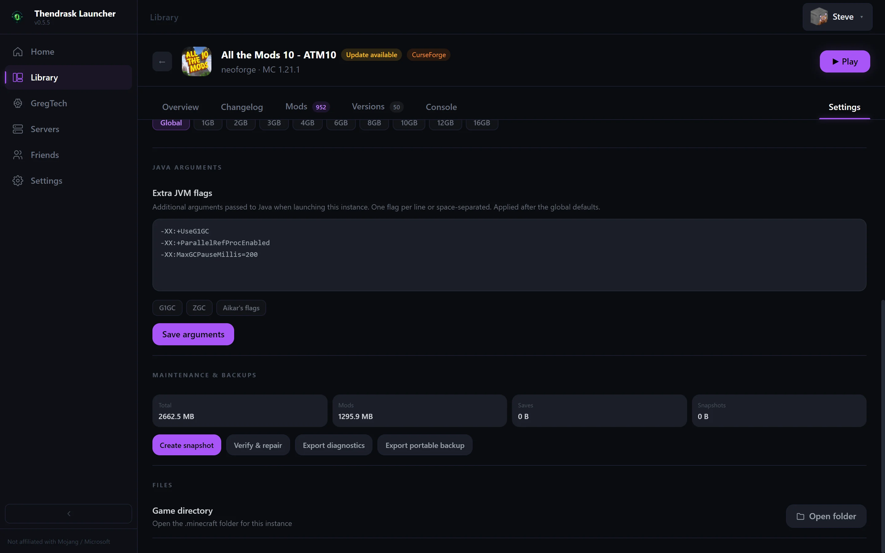 Thendrask Launcher instance tools showing snapshots, verification, diagnostics, storage totals and portable backup export