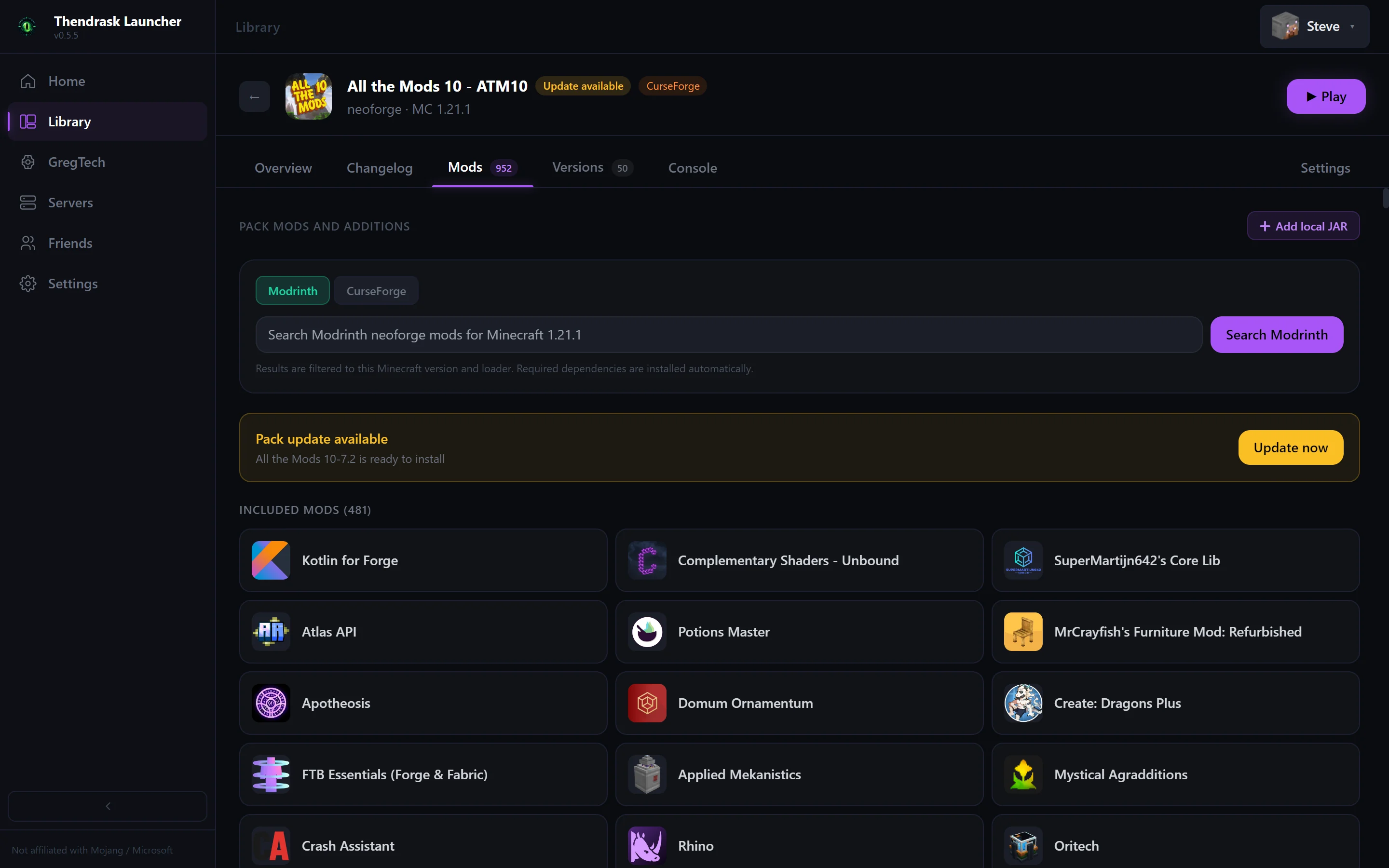 Thendrask Launcher mod management screen with compatible Modrinth search, pack updates and included mods