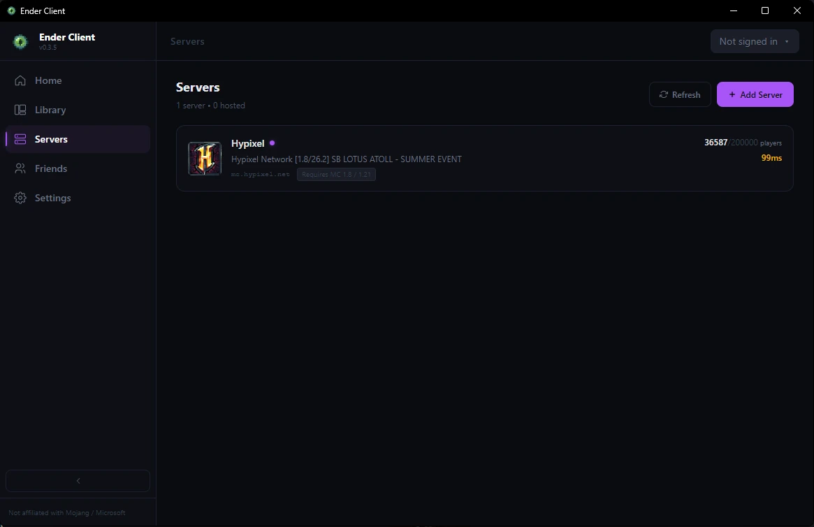 Server monitor in Ender Client showing Hypixel with a live player count and ping