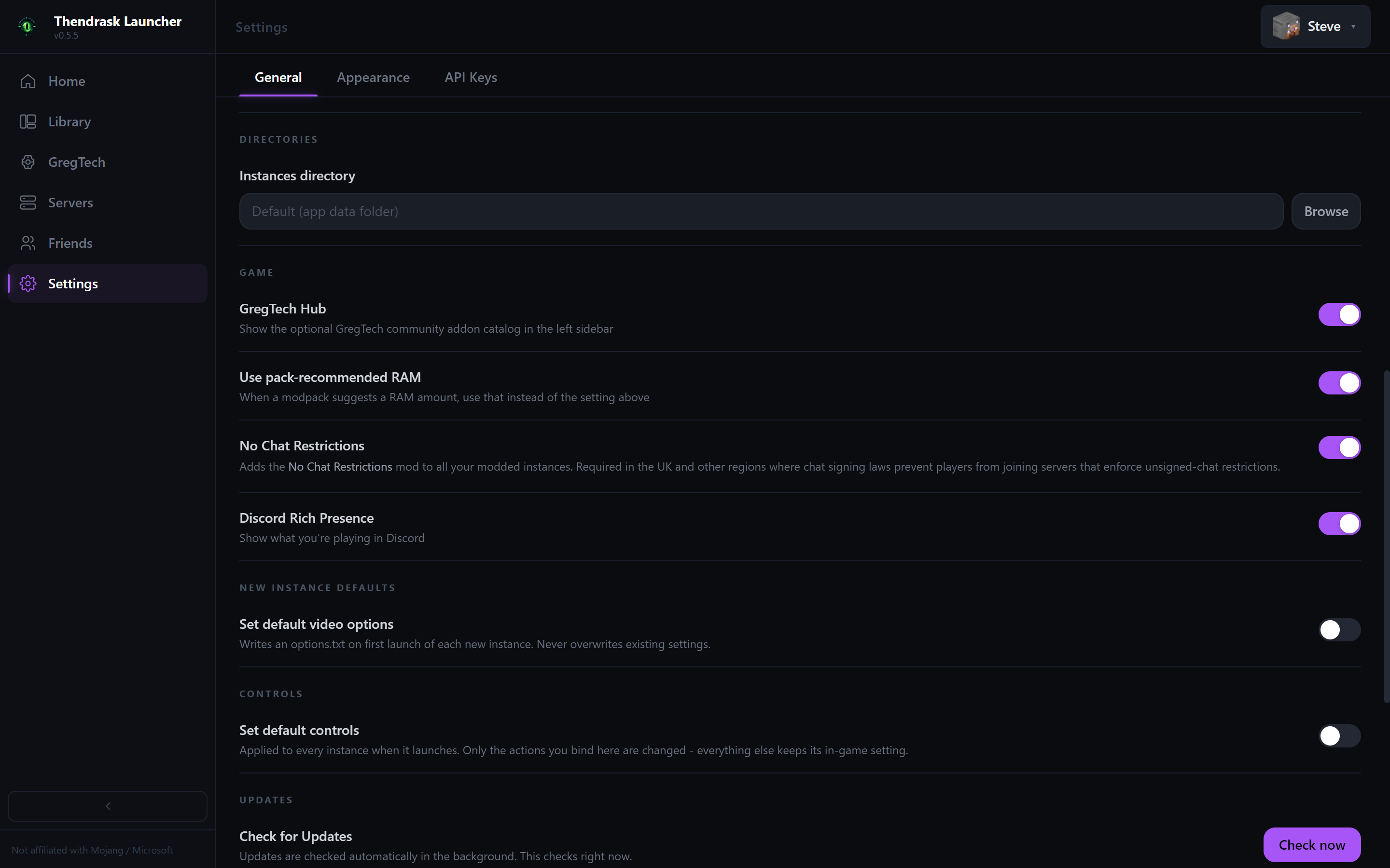 Thendrask Launcher settings with GregTech Hub, pack-recommended RAM, No Chat Restrictions and default video options