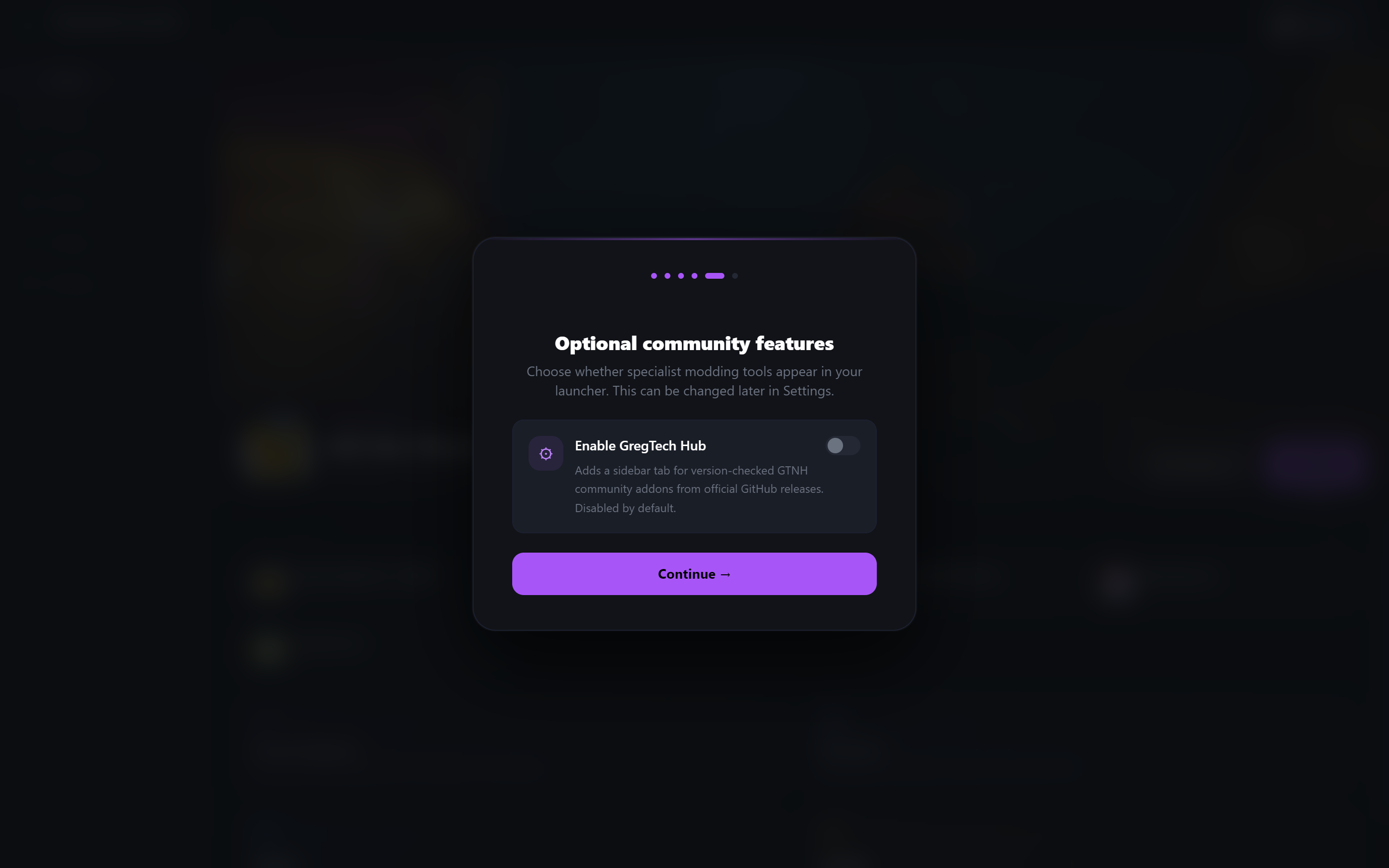 Thendrask Launcher setup wizard with an optional toggle to enable the GregTech Hub